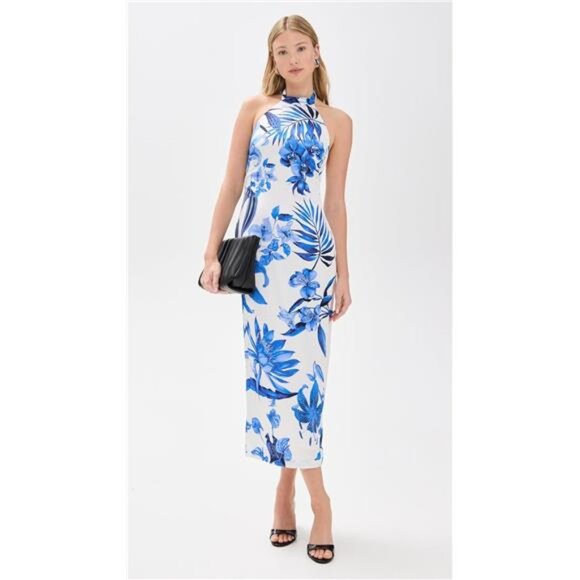 ROCOCO SAND Halter Midi Dress White Blue Resort Cruise Travel Destination Garden - Picture 5 of 7